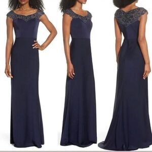 La Femme Navy Blue Beaded Column Gown Sz 10‎